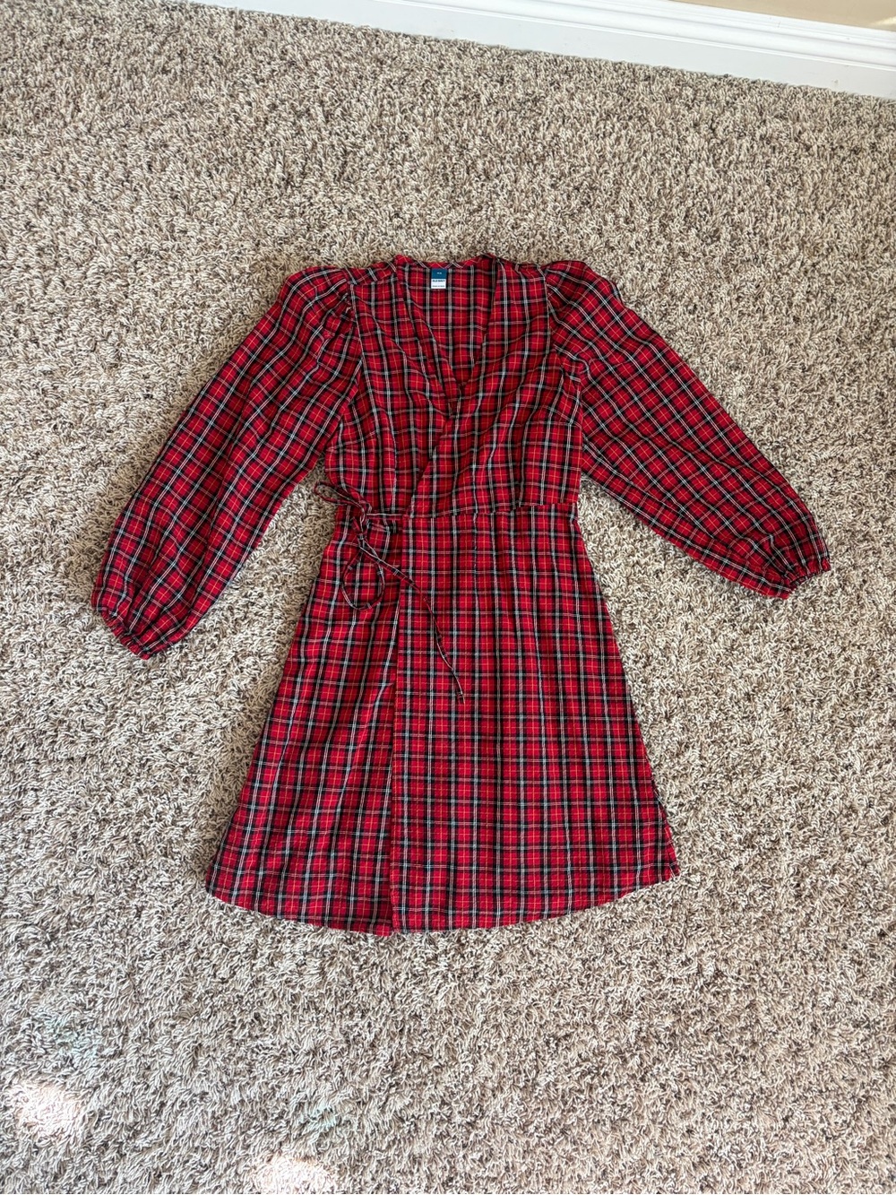 Old Navy Red Plaid Wrap Mini Dress Long Sleeve XS Preppy